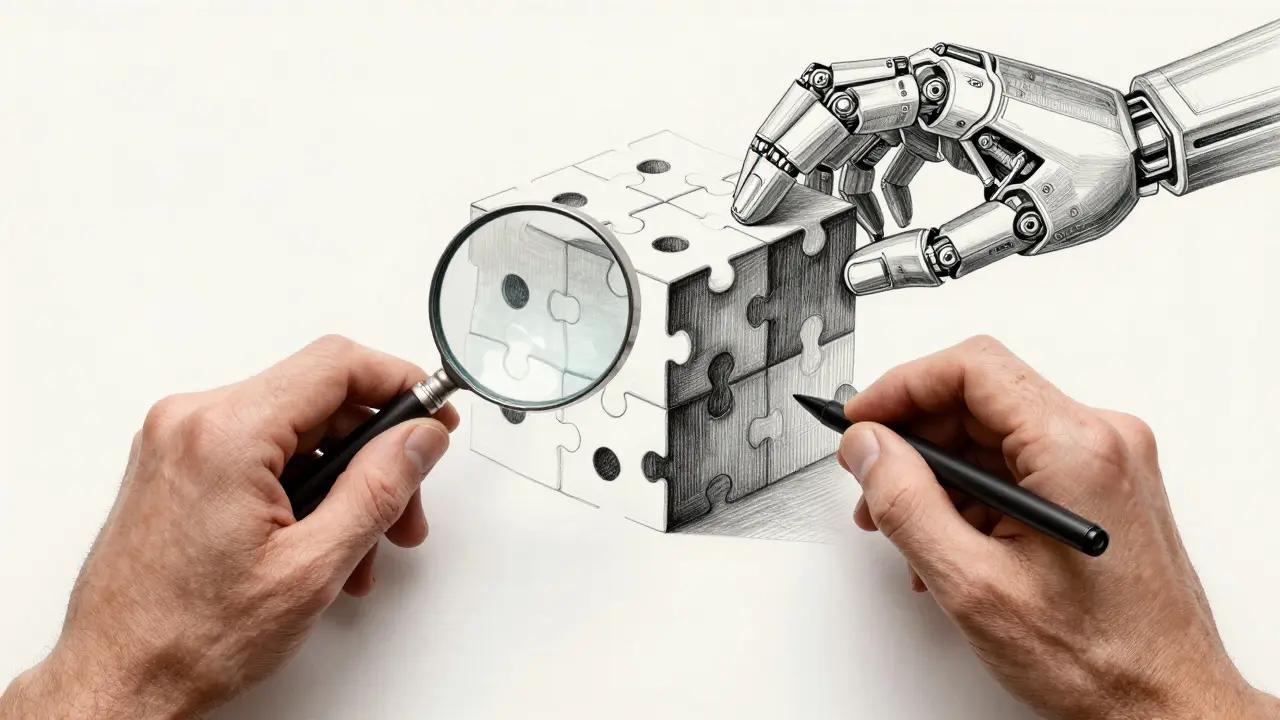 Human and mechanical hands inspecting a complex code structure together