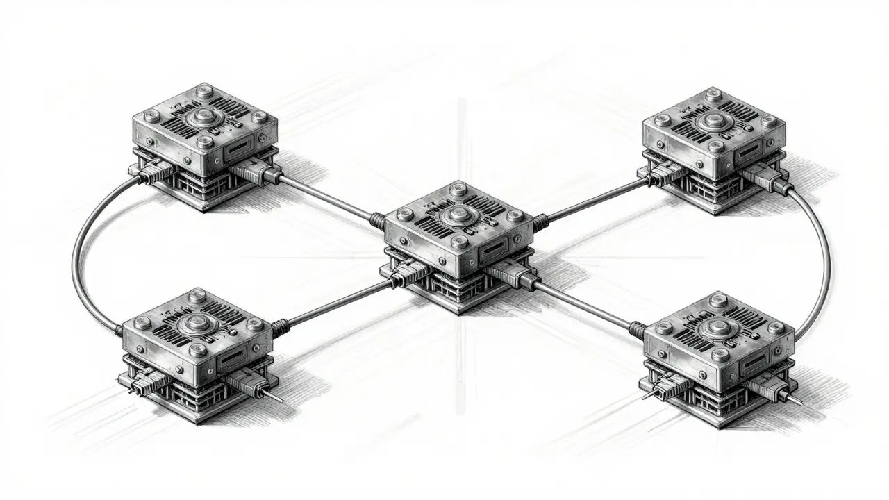 Illustration of interconnected AI cluster nodes and high-speed network links