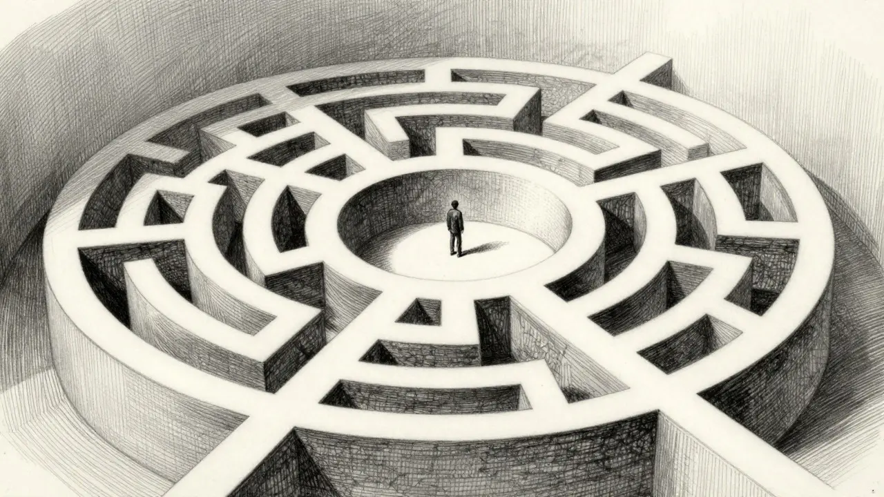 Intricate metalpoint drawing of a maze representing circular reasoning and bias in AI evaluation.