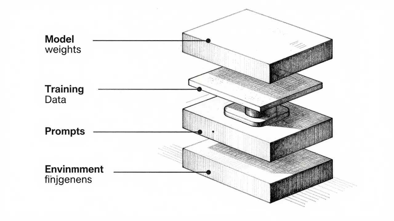 Layered diagram of model components linked to a central versioning registry