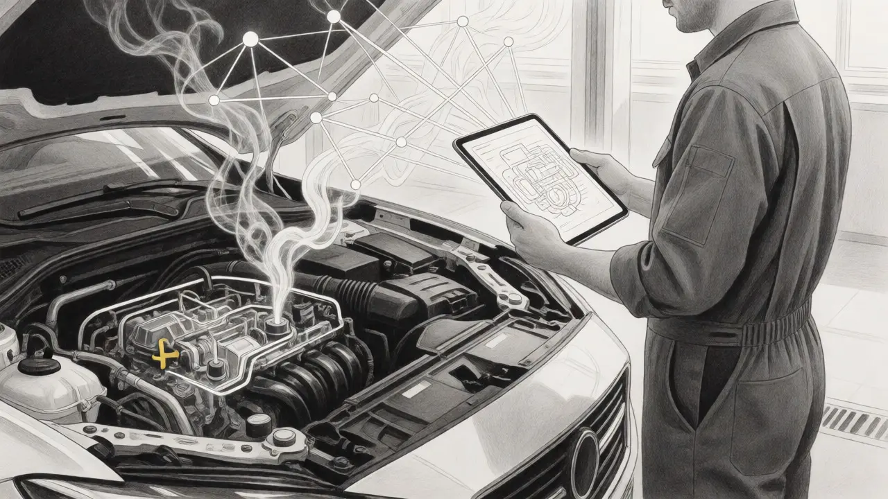 Mechanic diagnosing engine leak with AI-assisted holographic schematic