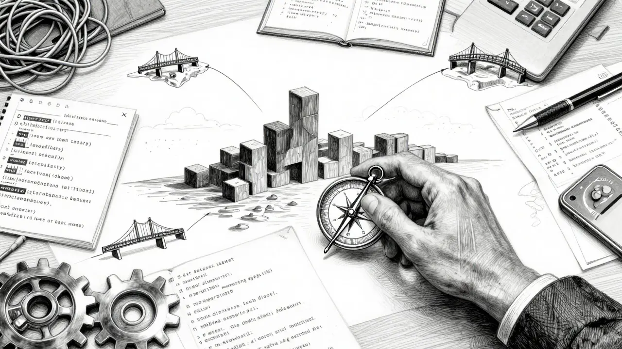 Metalpoint art of a developer's desk with a compass and tangled wires illustrating strategic planning for AI volatility