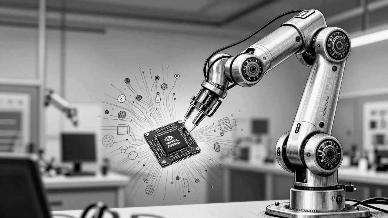 Metalpoint art of a robotic arm with an embedded edge AI chip, demonstrating autonomous operation.