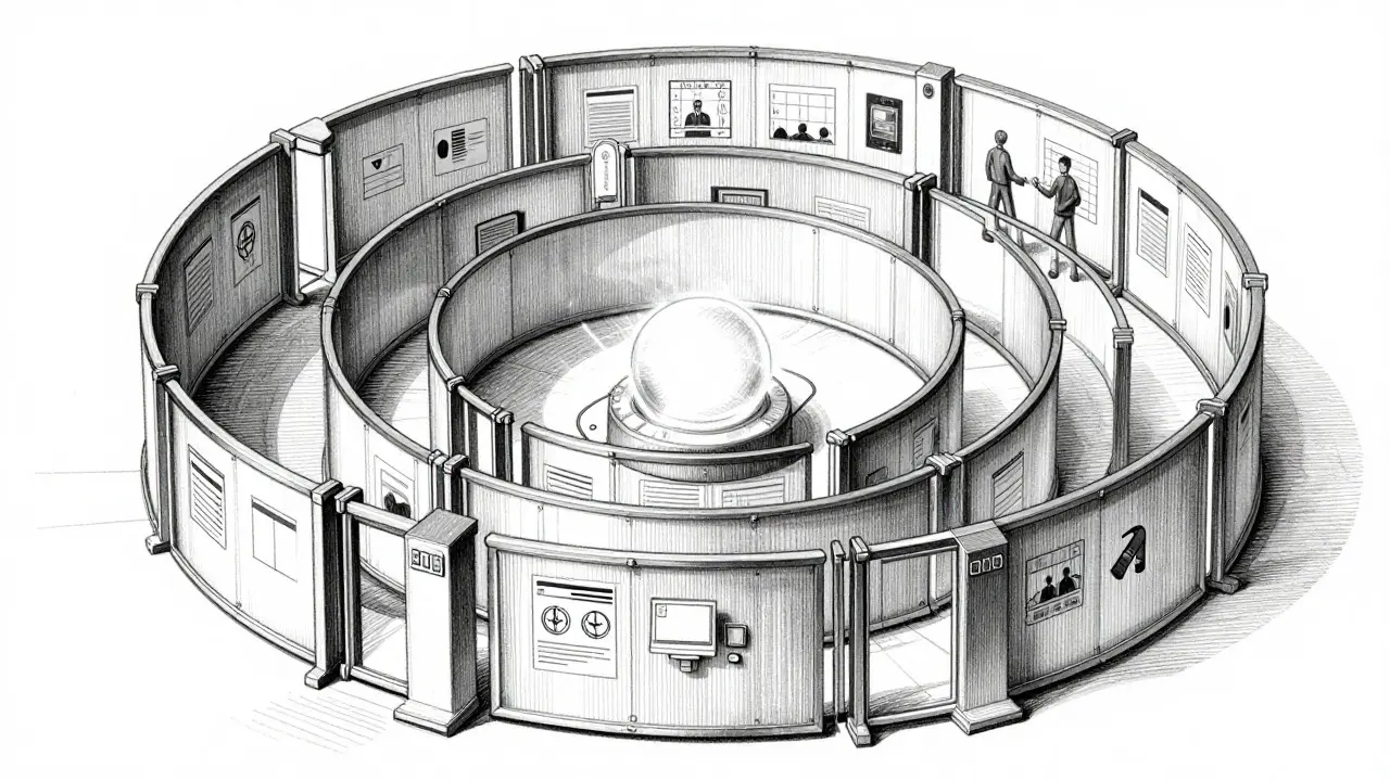 Metalpoint art showing layered security gates protecting a central AI node