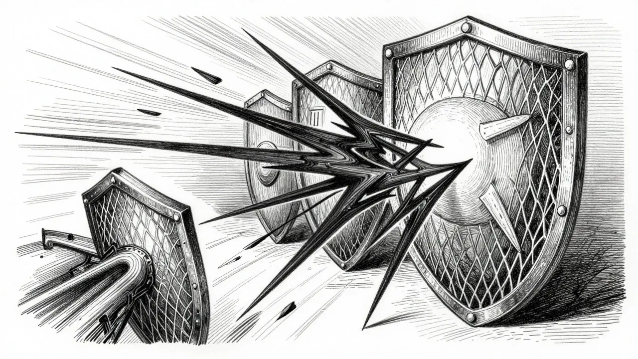 Metalpoint art showing layered shields blocking jagged malicious data streams.