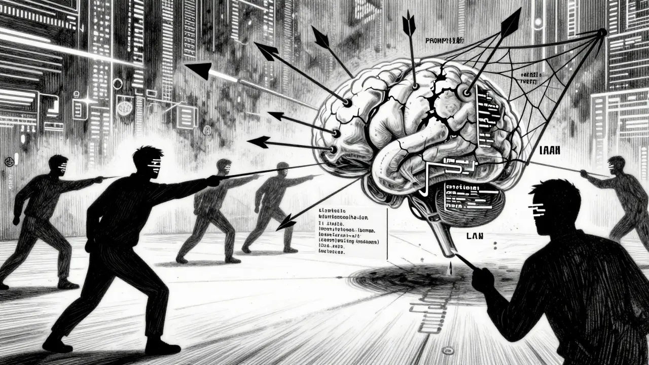 Metalpoint art showing masked attackers testing a secured AI model brain