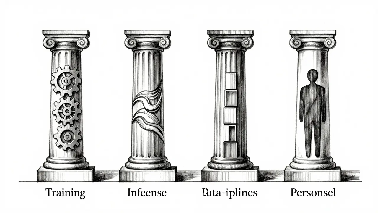 Metalpoint drawing of four pillars representing LLM cost components