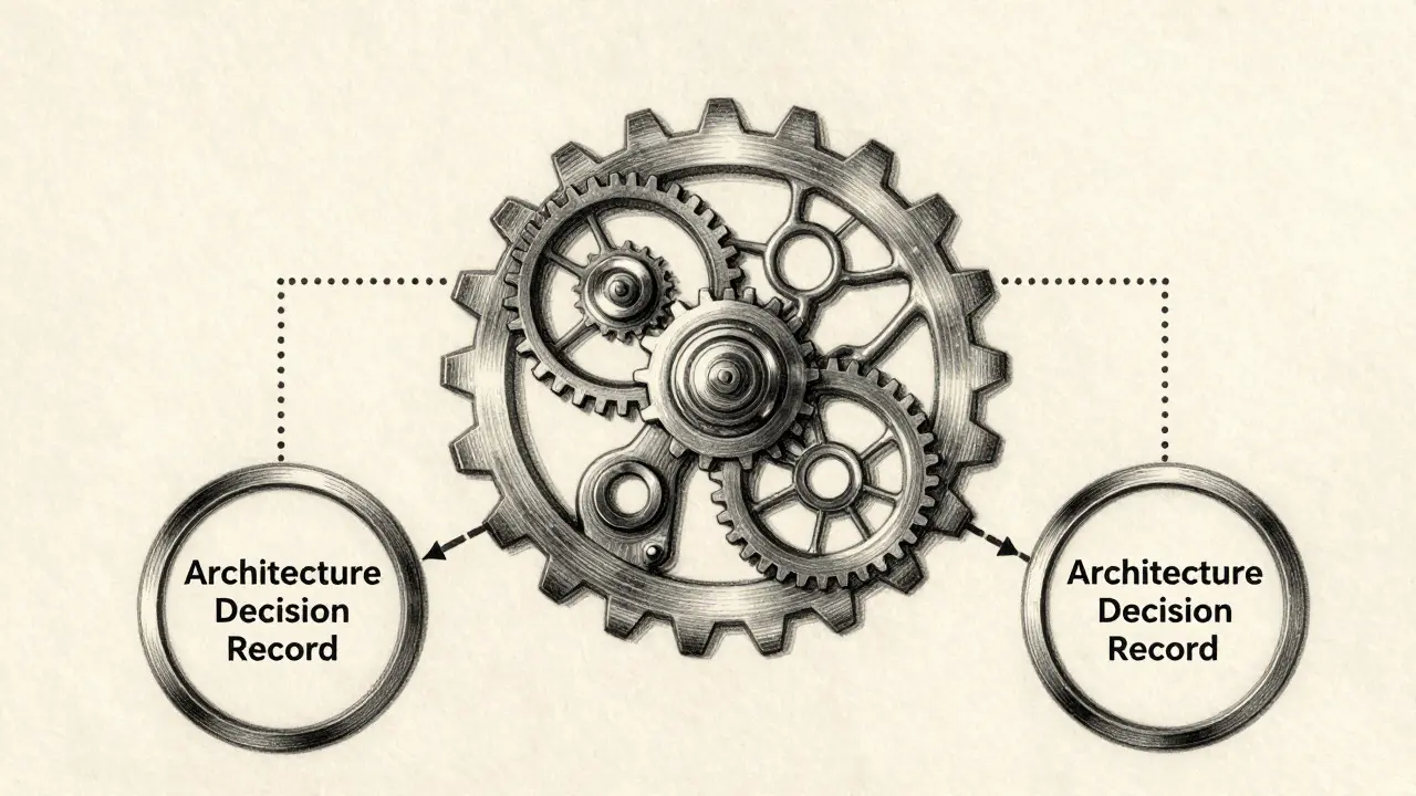Metalpoint drawing of gears and neural paths representing architectural decisions