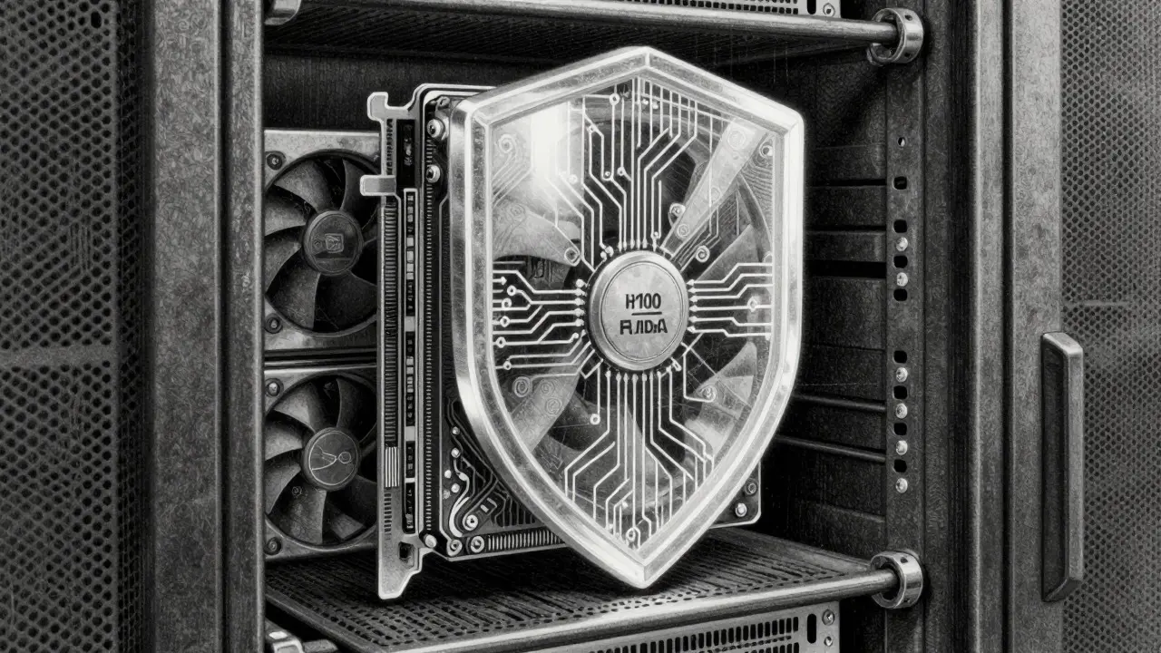 Metalpoint illustration of a GPU protected by a hexagonal encryption shield