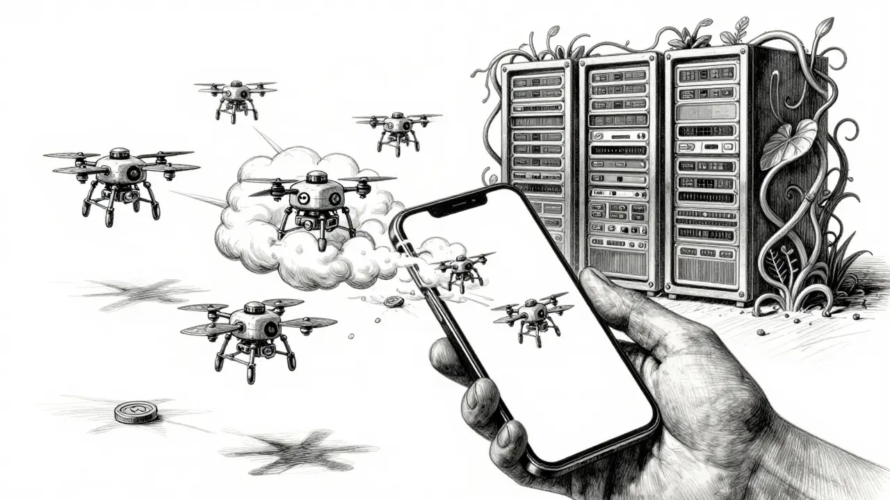 Metalpoint illustration of a smartphone releasing specialized robots into a hybrid network