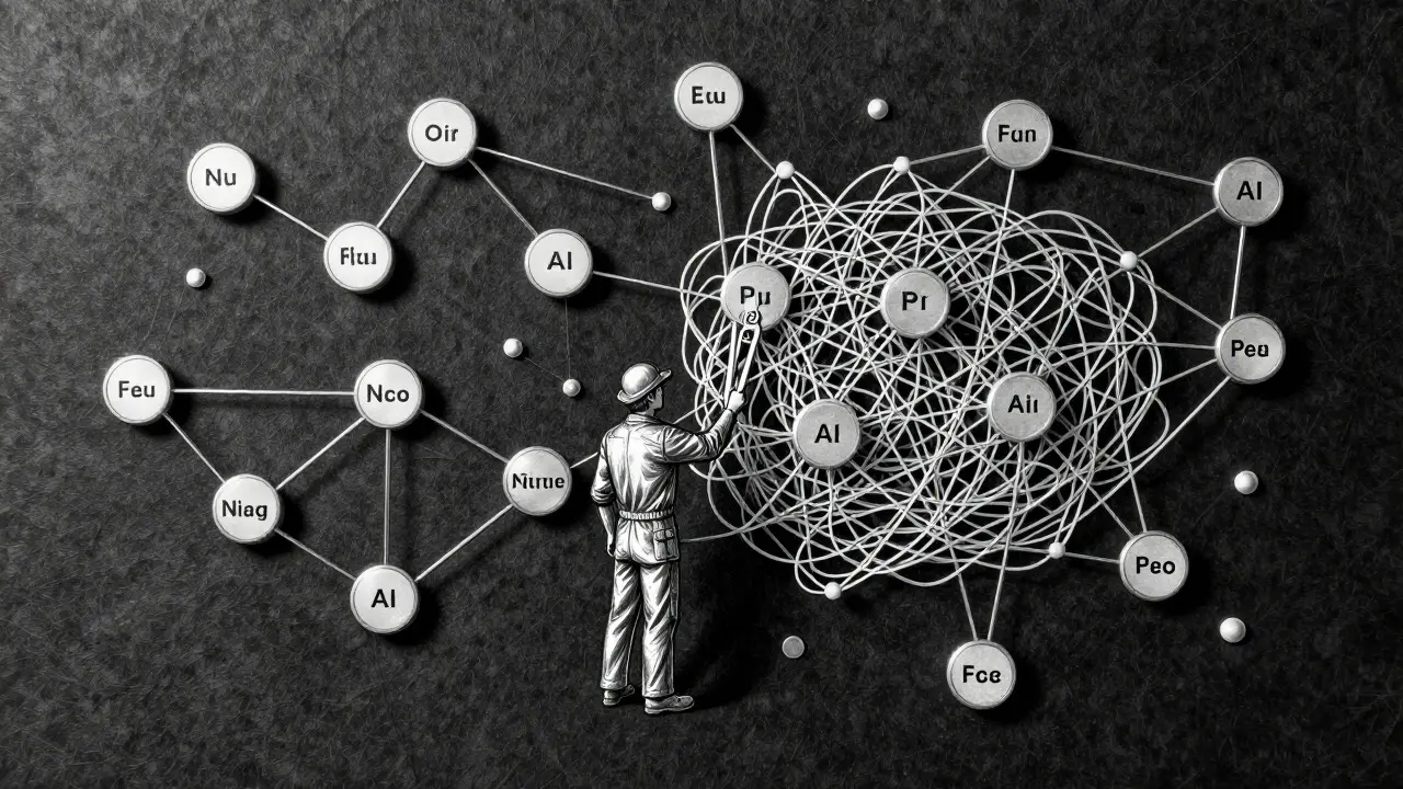 Metalpoint illustration of an engineer organizing a chaotic code network