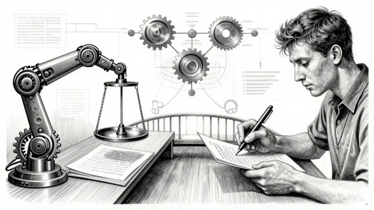 Metalpoint illustration of human and AI collaborating in a hybrid evaluation workflow.