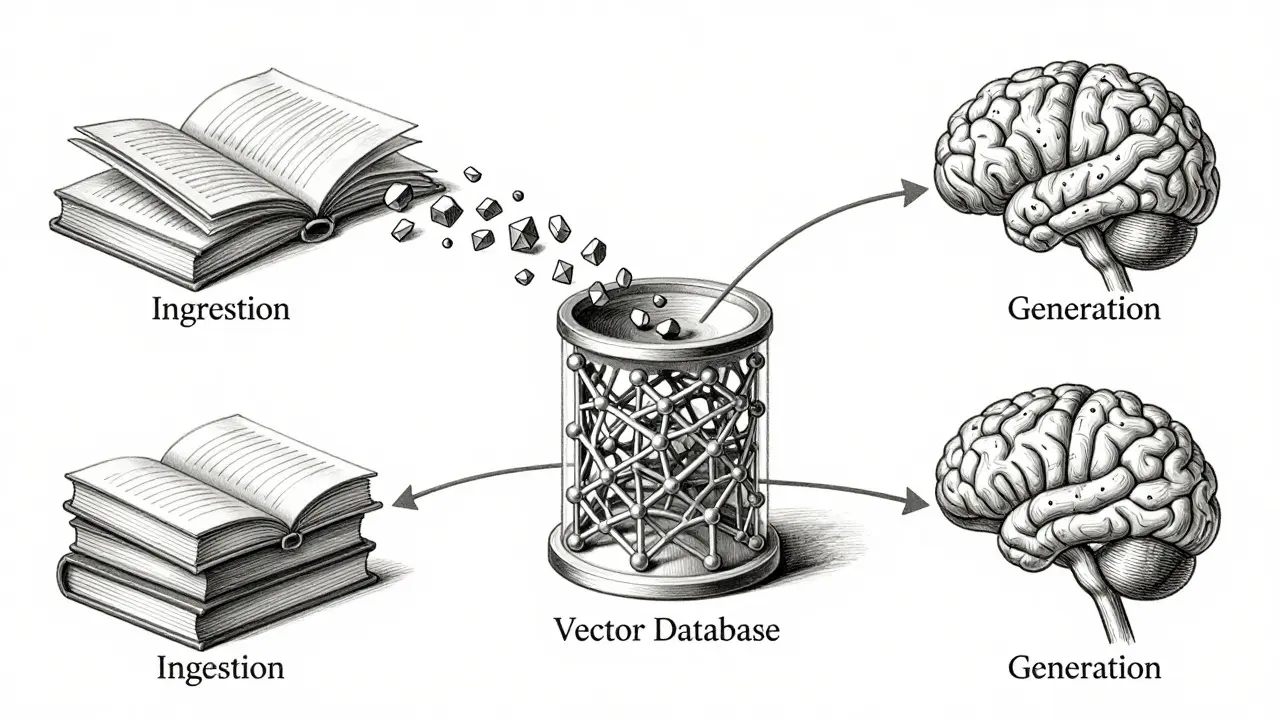 Metalpoint illustration of the RAG pipeline showing ingestion, retrieval, and generation