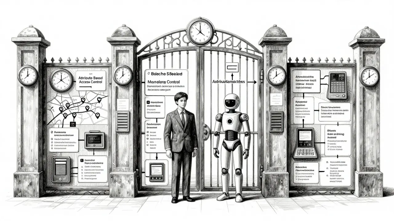 Metalpoint illustration of users facing a complex attribute-based security gate.