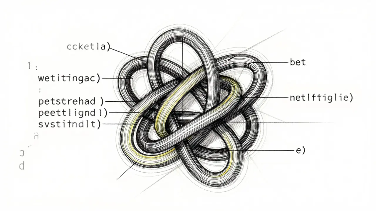 Metalpoint sketch of a code knot with highlighted sections showing intelligent comments