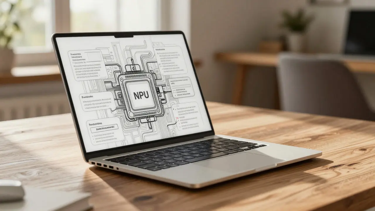 Metalpoint sketch of a laptop in a cabin, showing internal NPU activity for offline coding.