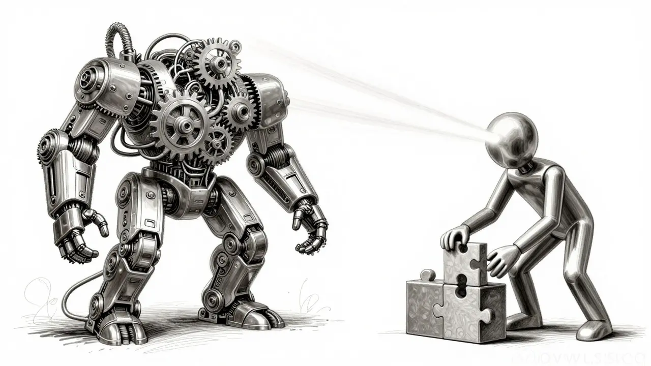 Metalpoint sketch of a small efficient figure outperforming a large complex machine