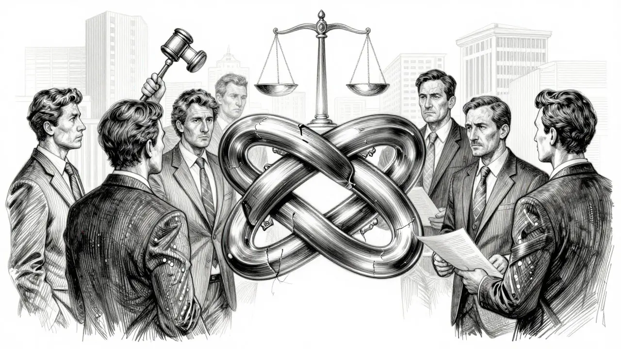 Metalpoint sketch of business figures surrounding a complex knot of threads and documents