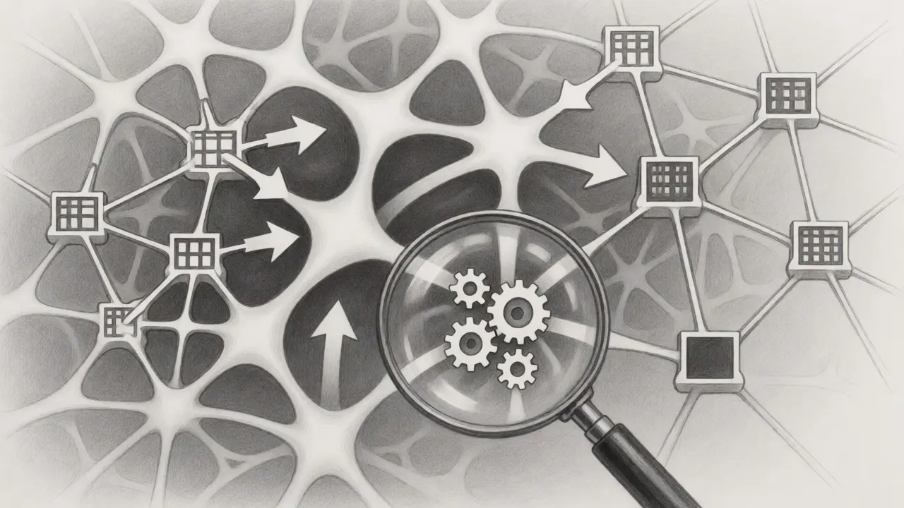 Network of organic and rigid nodes with a magnifying glass for inspection