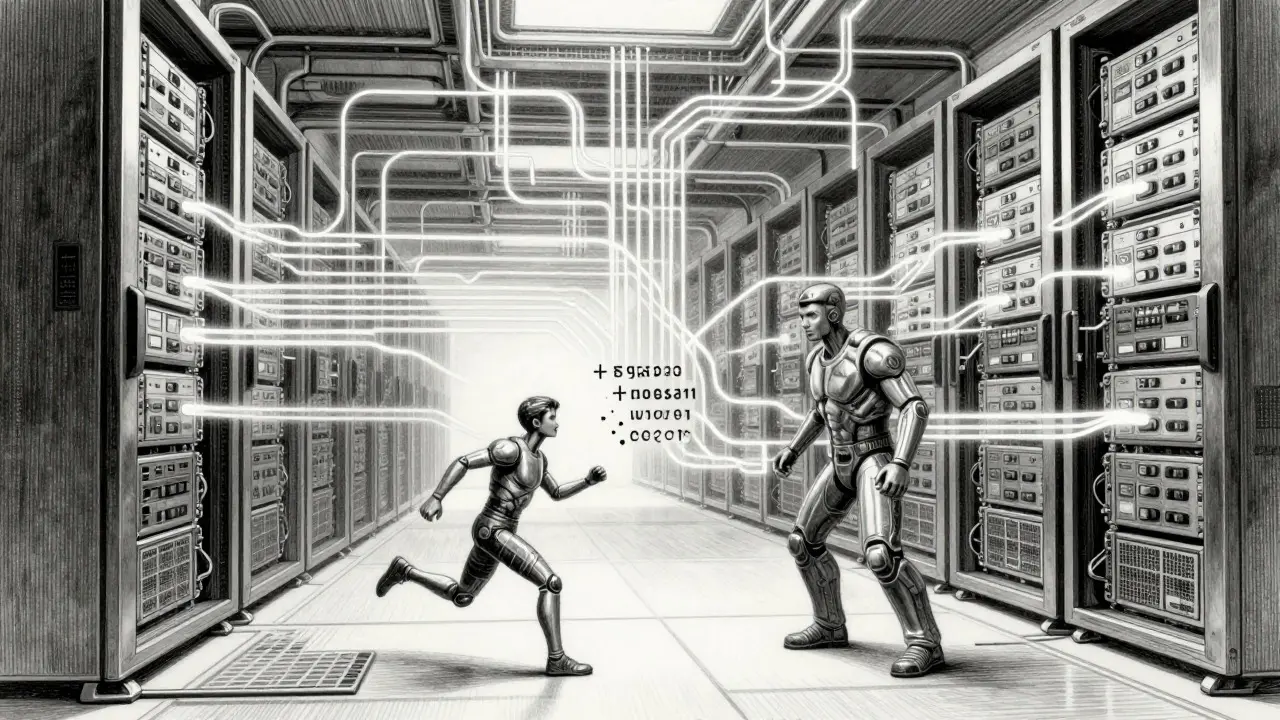 Server room with GPUs and speculative decoding visualization