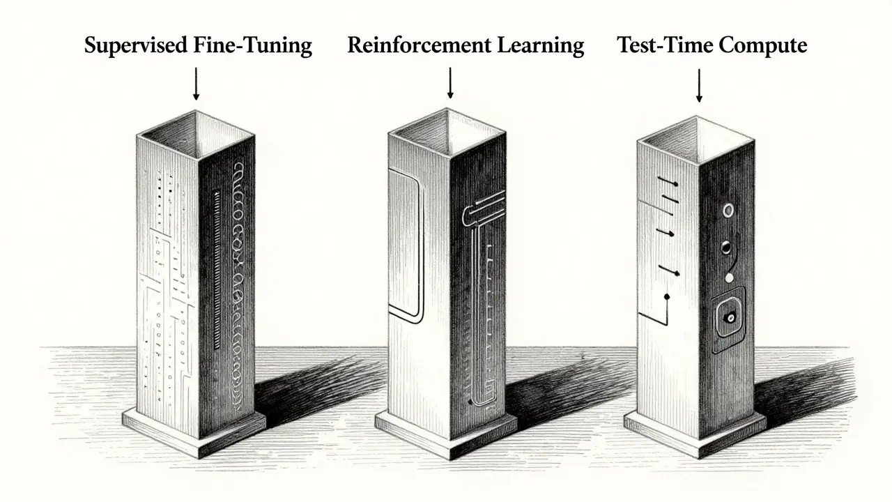 Silver-point illustration of three pillars representing LLM evaluation components