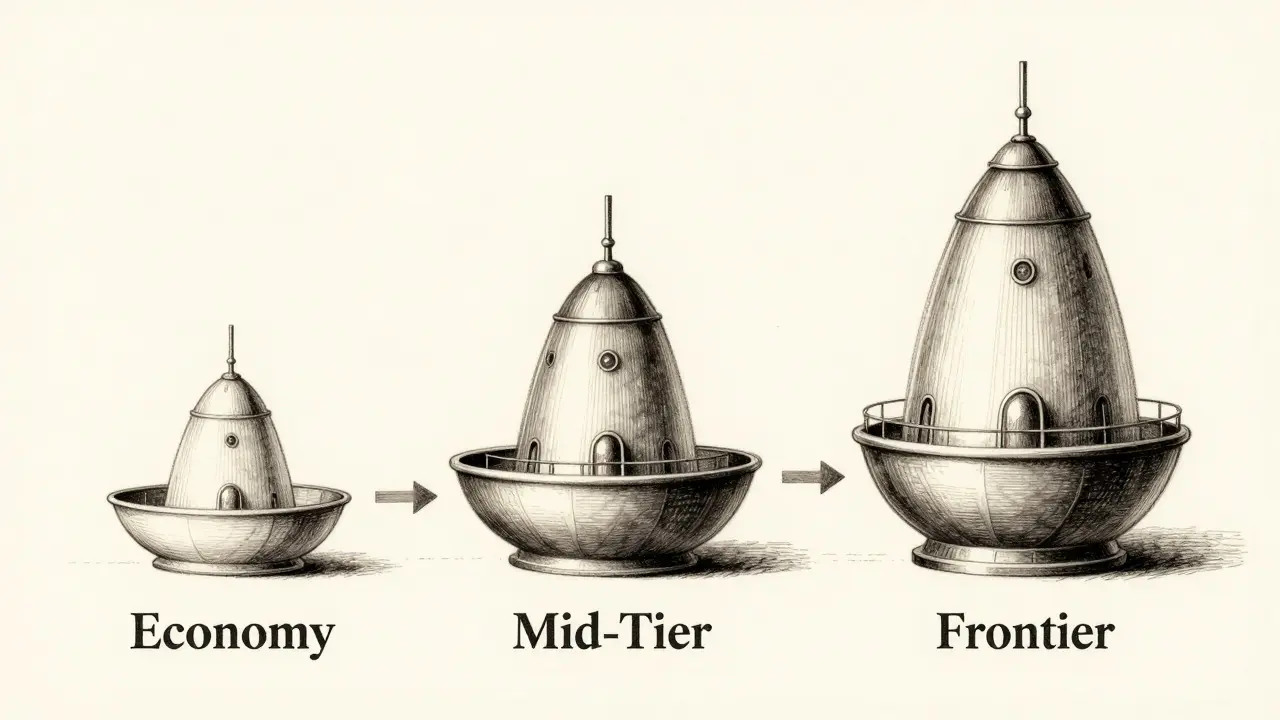 Three stylized structures in metalpoint style representing economy, mid-tier, and frontier AI models.