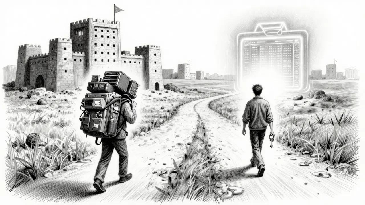 Two paths: carrying heavy server gear vs walking to cloud API
