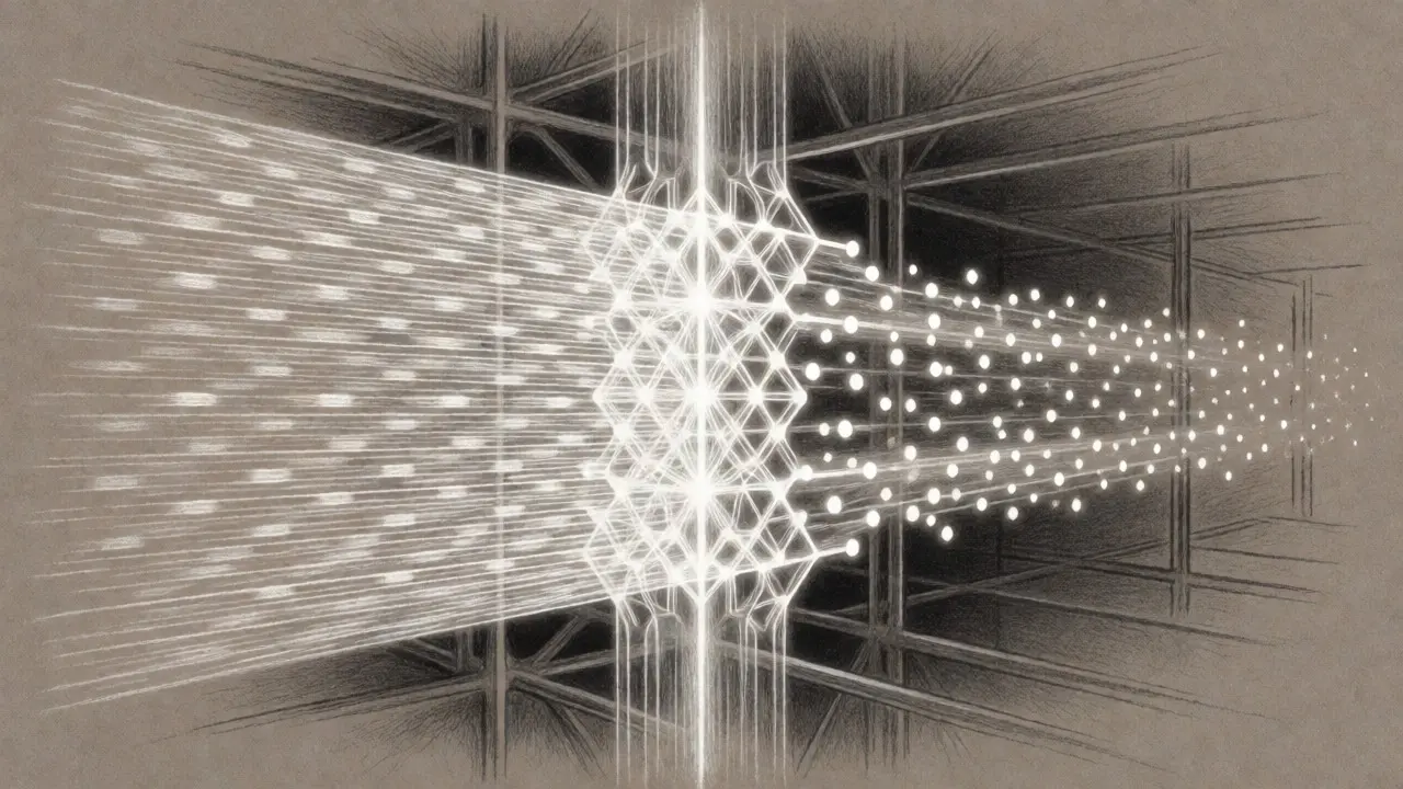 Abstract metalpoint illustration comparing data throughput of H100, A100, and CPU
