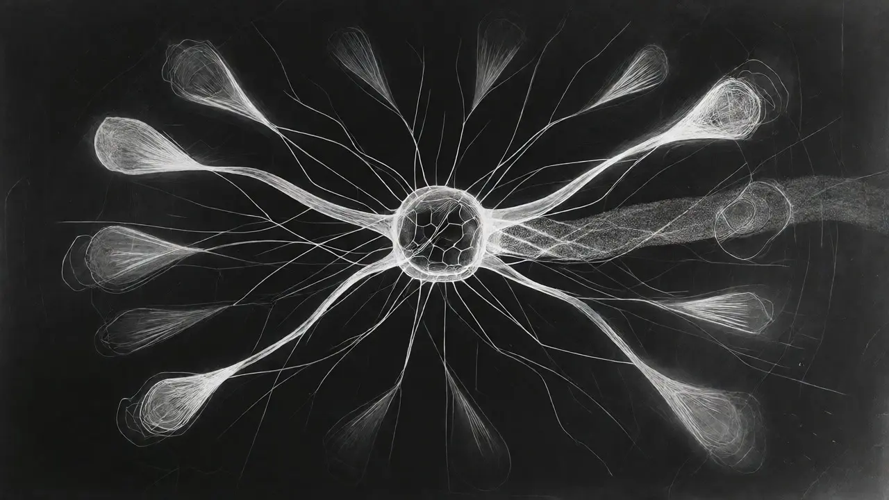 Abstract neural node branching into multiple inference outcomes.