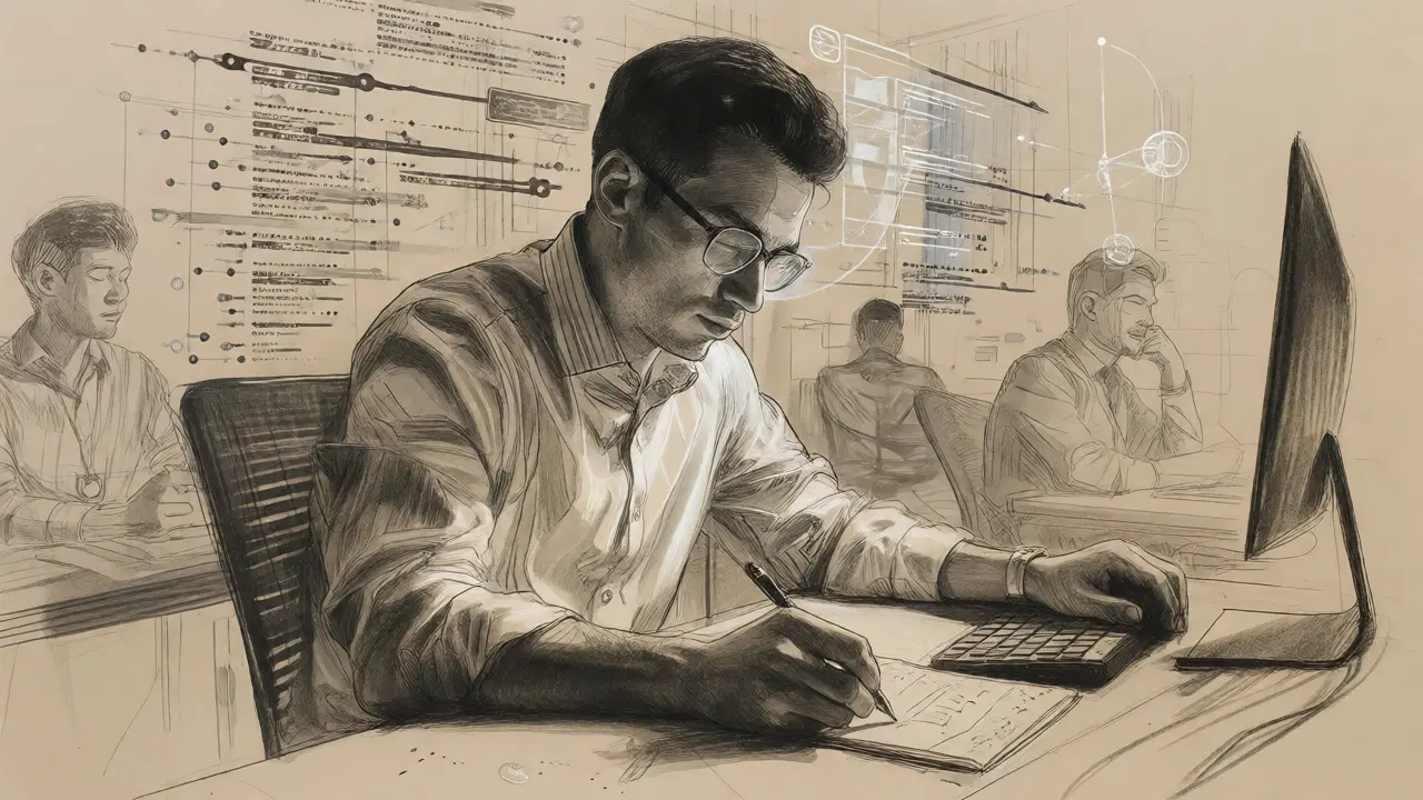 Artist rendering of an AI specialist working amidst abstract data structures and hesitant colleagues