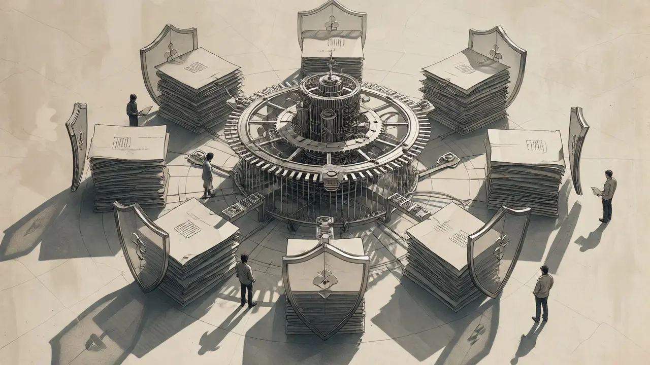 Clockwork AI mechanism surrounded by protected document stacks