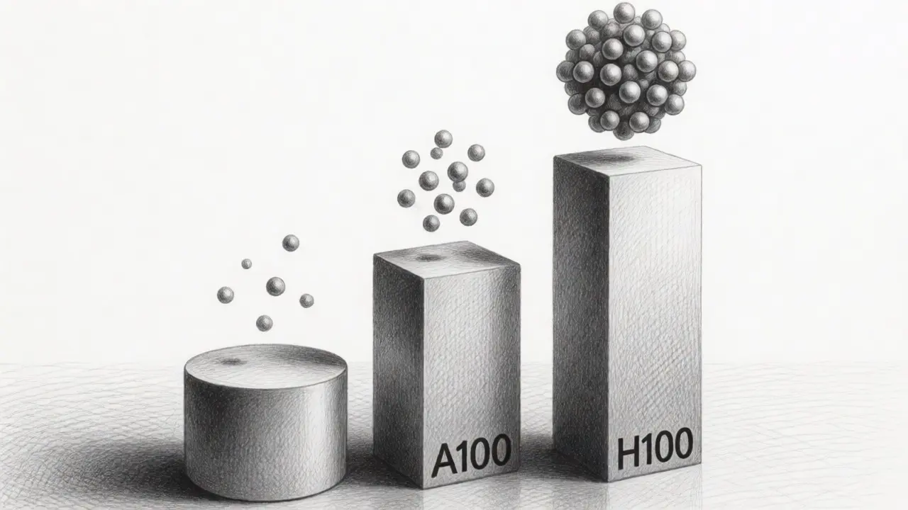 Conceptual metalpoint drawing showing performance tiers of CPU, A100, and H100