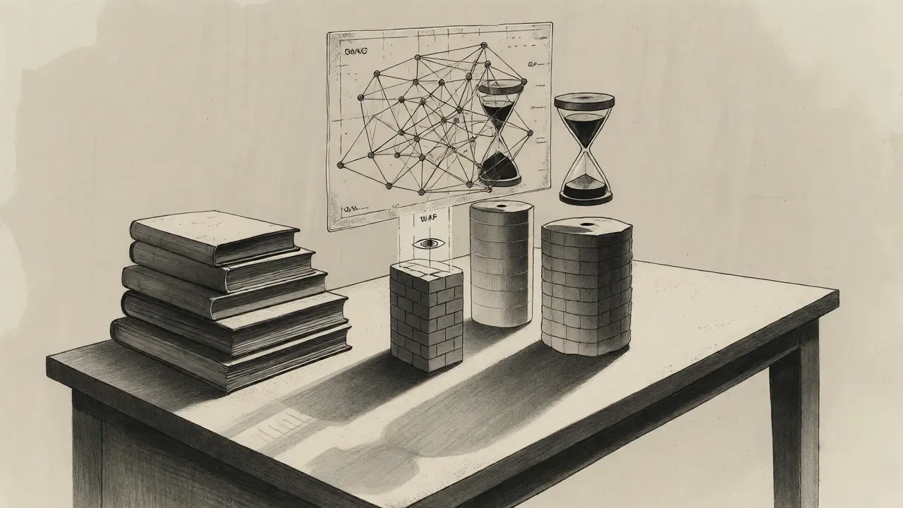 Developer desk with holographic security pillars reinforcing AI code