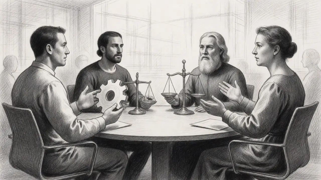 Diverse group of experts at a round table rendered in fine-line metalpoint illustration style.