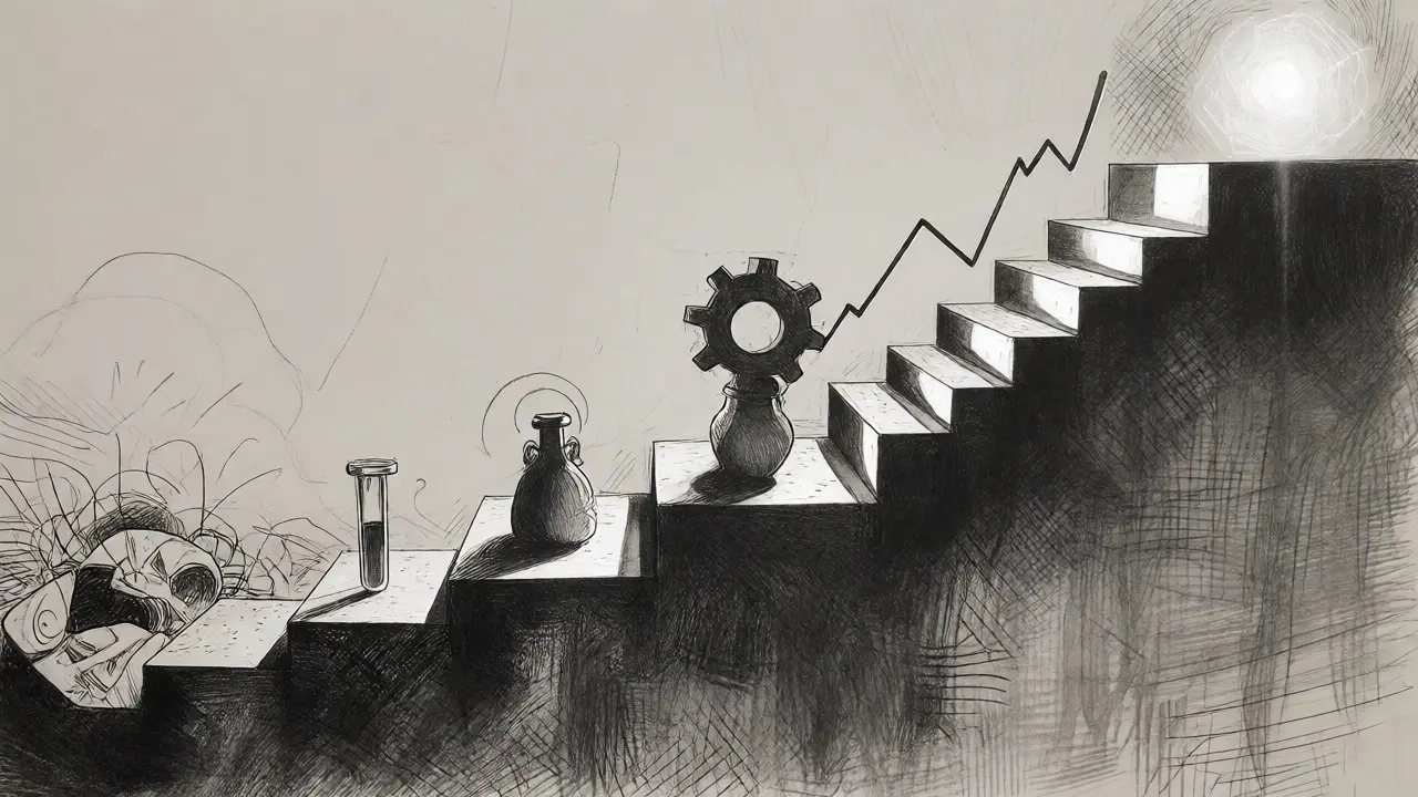 Drawing of a winding path ascending from pilot chaos to enterprise-scale ROI milestones