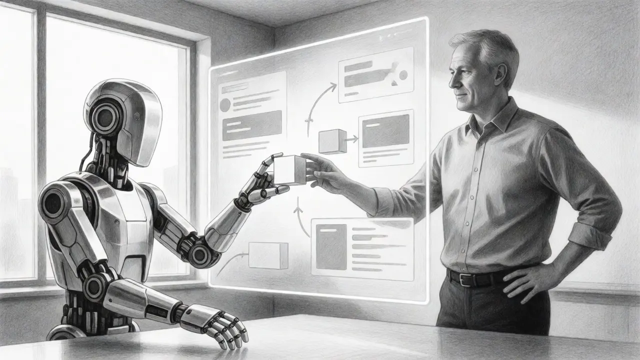 Engineer guiding a robotic arm with a code block in a modern office