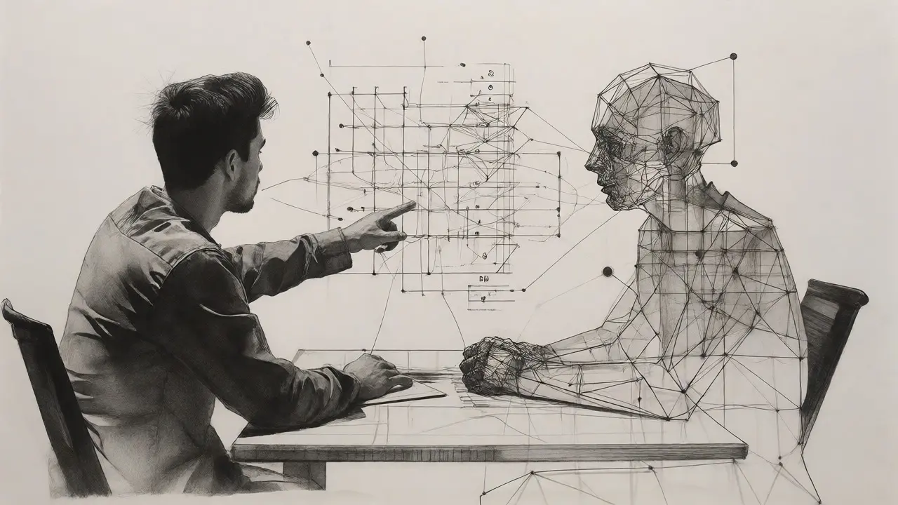 Human developer and AI entity collaborating on architecture