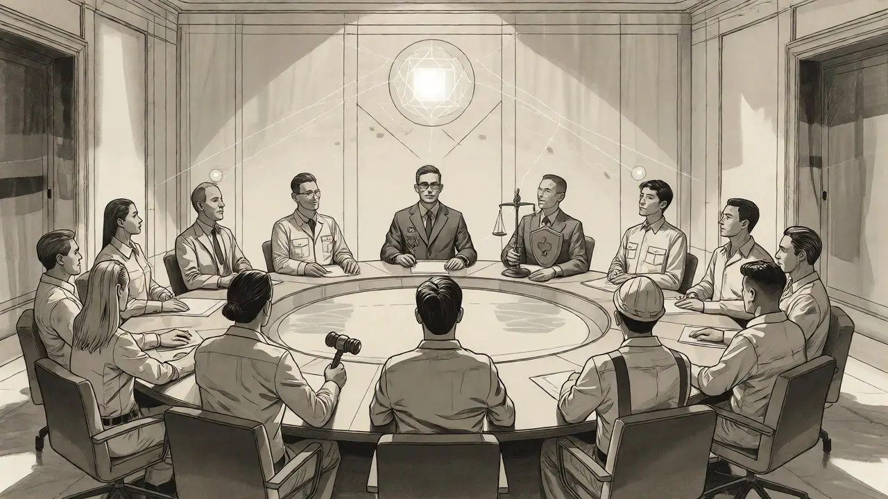 Illustration of a diverse cross-functional committee seated around a table overseeing a central AI model.