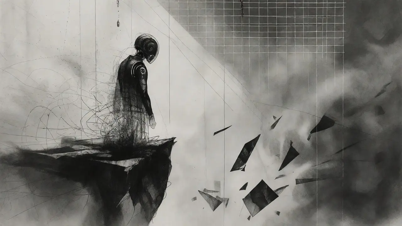 Illustration of an AI agent facing a cliff of uncertainty and errors.