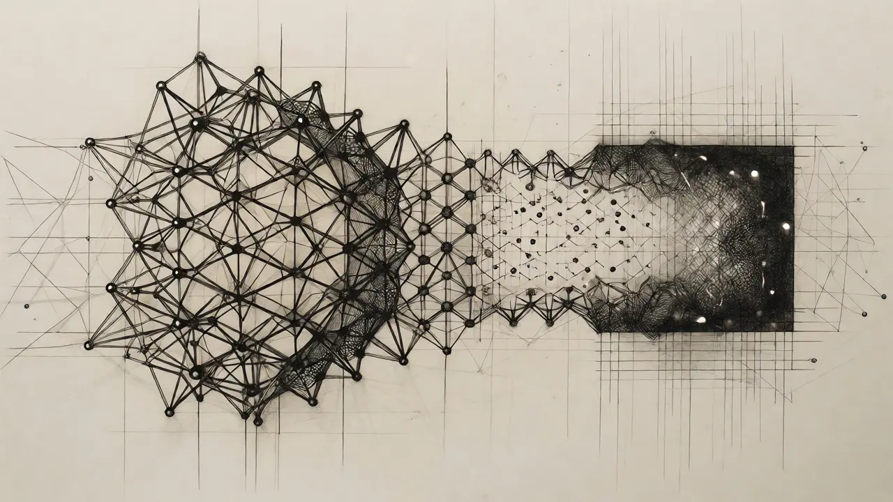 Illustration of neural network parameters compressing into a dense cube.