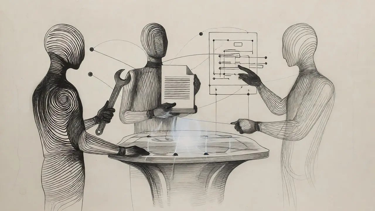 Line art of three AI agents collaborating on a shared task.