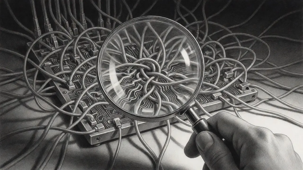 Magnifying glass revealing hidden cracks in tangled circuitry wires