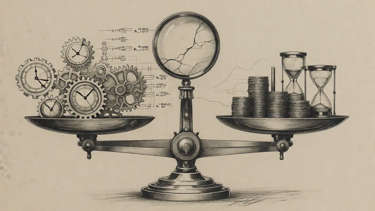 Mechanical balance scale weighing technical metrics against business value in metalpoint style