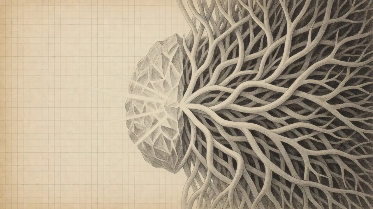 Metalpoint illustration contrasting simple grids with complex branching logic paths