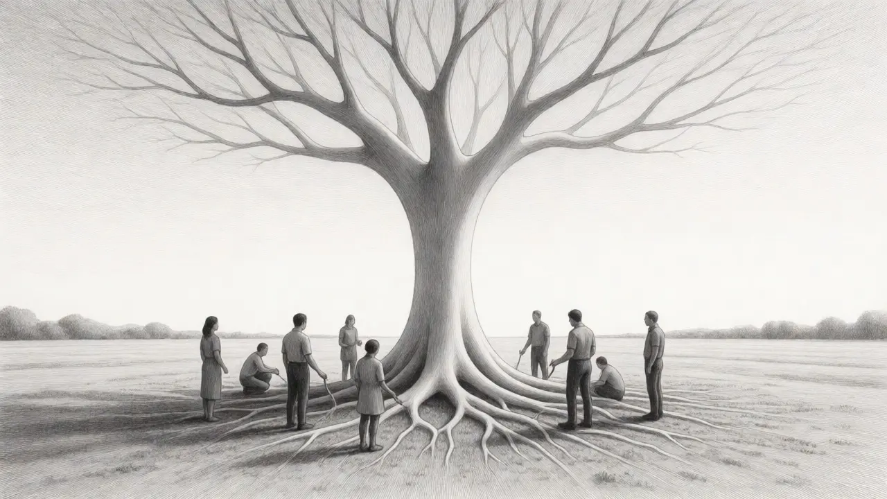 Metalpoint illustration of a stable AI tree monitored by humans, symbolizing ethical outcomes.