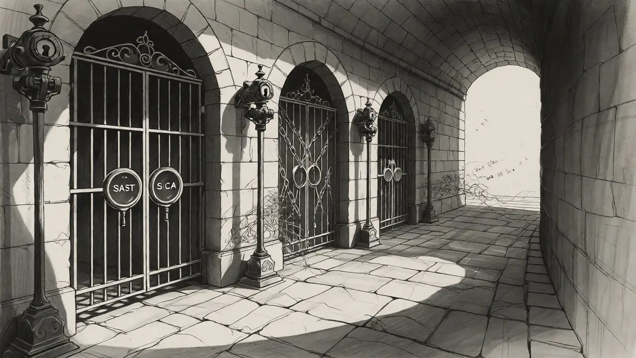 Ornate security gates blocking chaotic code in a stone corridor illustration