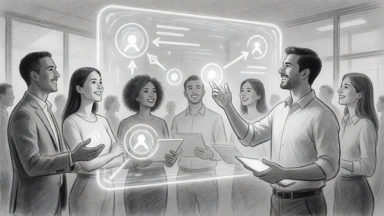 Professionals collaborating with invisible AI agents in a modern office setting.