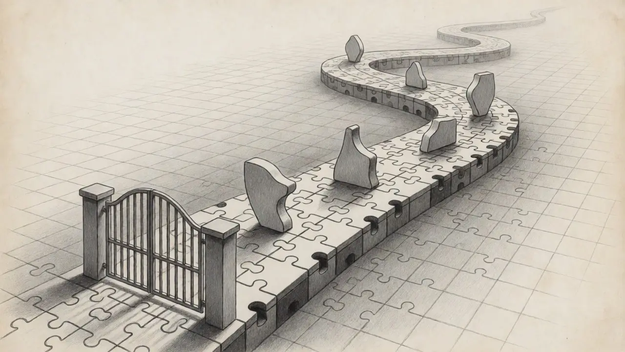Puzzle piece path with gate blocking unauthorized shapes