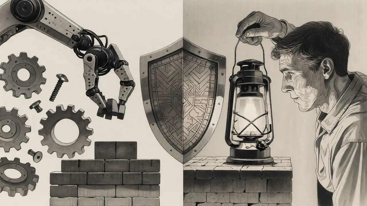 Robot placing blocks while a human inspects foundations with a lantern