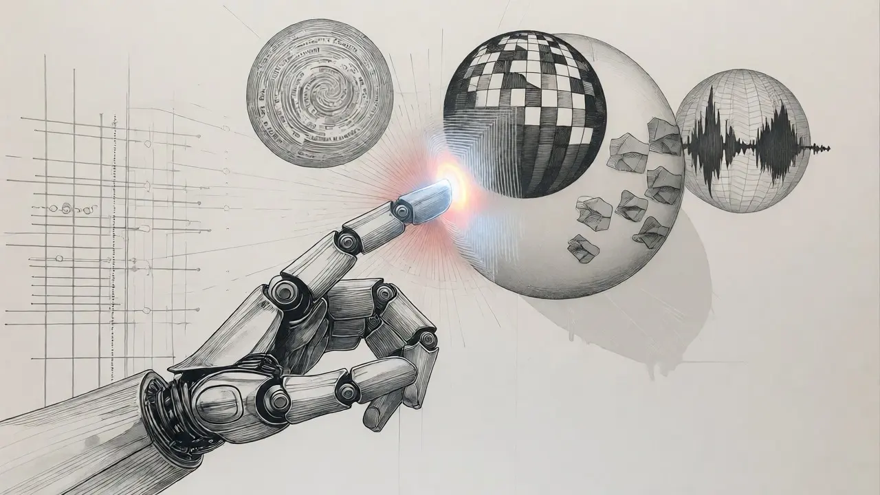 Robot touching spheres representing text, images, and sound in metalpoint style.